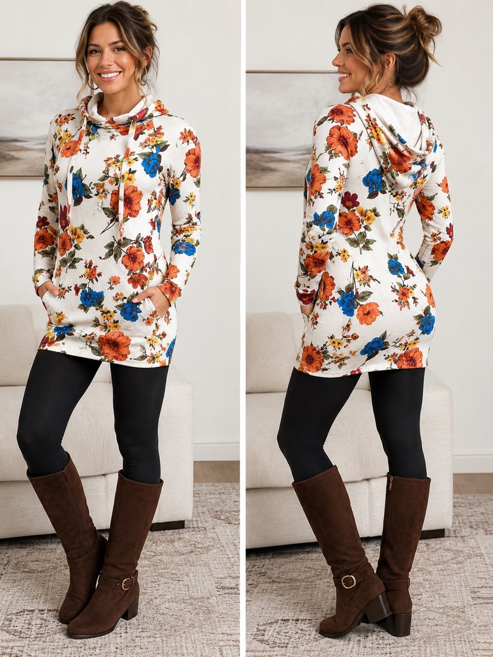 Floral Hooded Sweater Dress- Cream with Orange & Blue Flowers